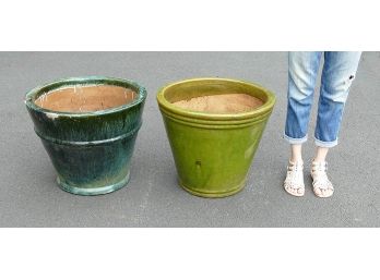 2 Different Large Green Ceramic Planters