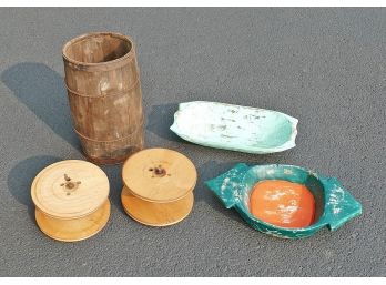 Primitive Whiskey Barrel, Hand Carved & Painted Bowls, And Large Industrial Spools