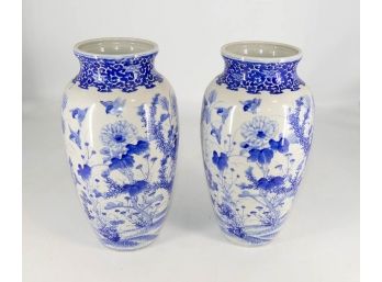 Pair Of Asian Blue White Ceramic Vases - 12' Tall