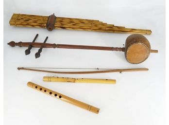 Vintage Laotian Instruments - Khaen, Saw U, And Two Bamboo Flutes