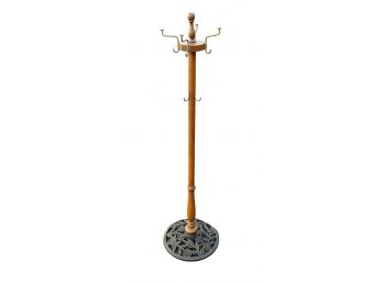 Vintage Wood Coat Stand With Cast Iron Base