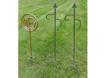 Brass Decorative Angelfish Garden Sprinkler & Pair Of Cast Iron 2-Arm Plant Stands