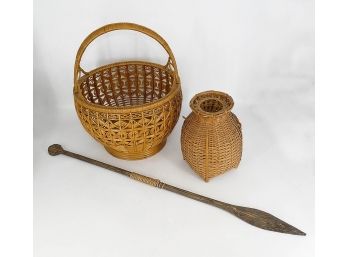 Vintage Laotian Fishing Trap, Spear, And Basket
