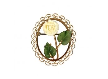 Vintage Krementz Carved Rose & Jade Leaves Pin Brooch