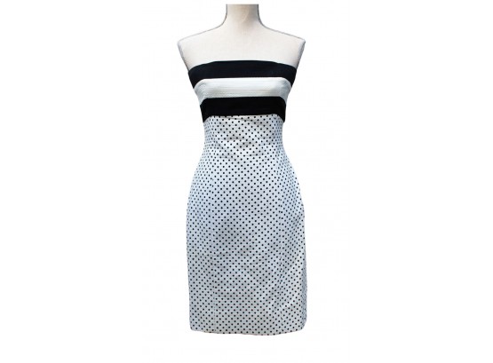Vintage 1980s Escada Black & White Polka Dot Striped Print Strapless Dress