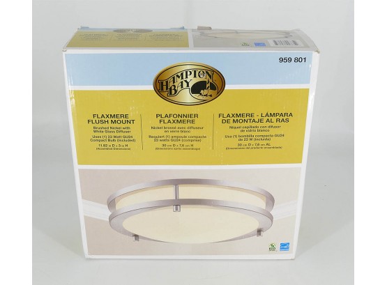 Hampton Bay Flaxmere Flush Mount Light Fixture - Brushed Nickel / White Glass Diffuser - Never Used In Box
