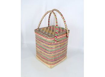 Multi-Colored Hand Woven Colored Lidded Basket - With Handles