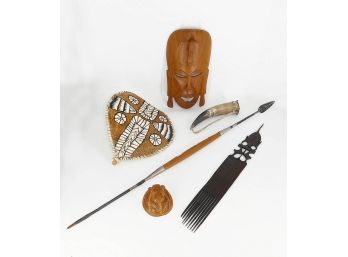 Vintage Tribal Items From Kenya - Masai Spear, Mask, Shield, Drinking Horn, Comb, Carved Lion Head