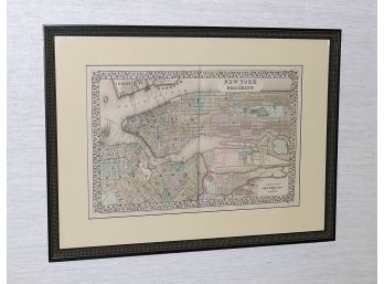 1870 Hand-Colored S.A. Mitchell Lithographic Map Of New York And Brooklyn