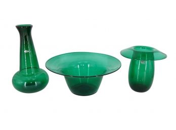 Blenko Glass Company - Green Art Glass Vases (2) & Bowl