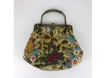 Floral Beaded Clutch Purse With Metal Handle