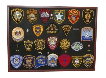 Framed Collection Of Original Police Patches And Pins - Gift From A Chief Of Police