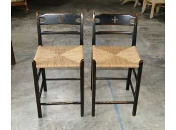 Pair Of Wooden Counter Stools - Rope Seat - In Black (Distressed Look)