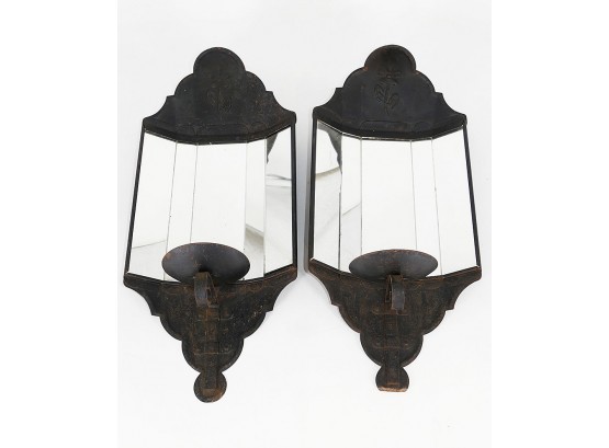 Pair Of Faceted Mirror Sconces - Tin Construction