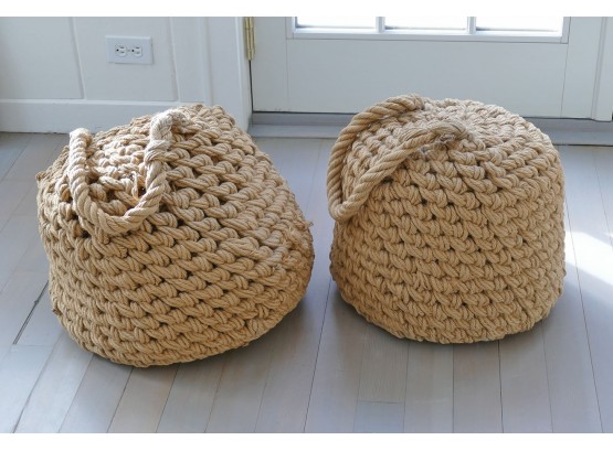 Pair Of Nautical Coastal Beach Jute Rope Woven And Knotted Pouf Ottomans - Original Cost $400 (each)