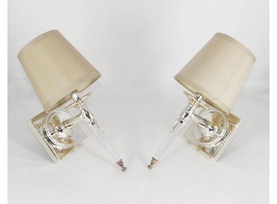 Pair Of Crystal And Metal Sconces - Chrome Finish