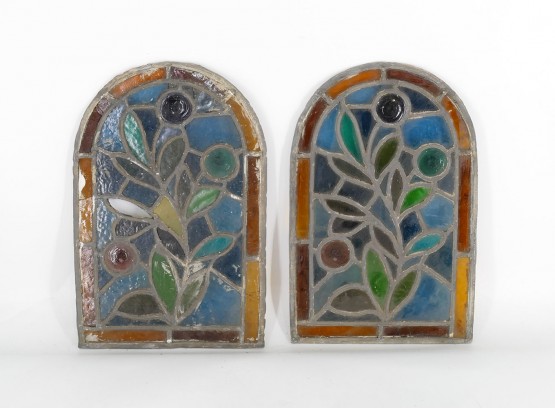 Pair Of Antique Arts & Crafts Small Stained Glass Panels