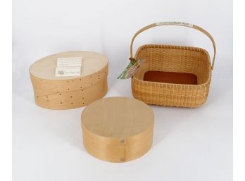 Nantucket Basket By Master Weaver Jane Theobald & 2 Shaker Boxes (Frye's Measure Mill, Unknown)