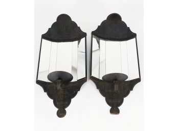Pair Of Faceted Mirror Sconces - Tin Construction