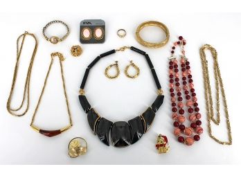 13 Pieces Of Vintage Jewelry Including 14K GF Ladies Watch - Trifari, Napier, Monet, 12K GF Van-Lou, Japan