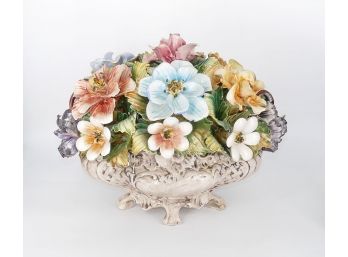 Large Vintage Italian Porcelain Capodimonte Style Flower Basket Centerpiece