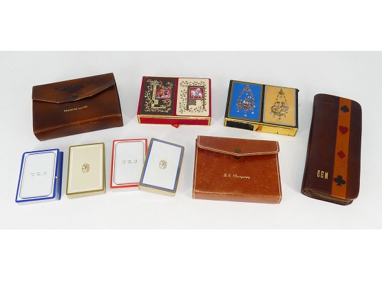 Vintage Playing Cards, Leather Holders, And Score Cards For Bridge