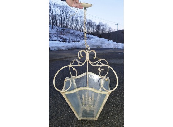 Large Vintage Wrought Iron Hanging Lantern Light - In White - Bulb & Flower Accents