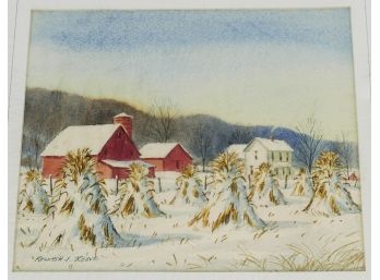 Kenneth J. Reeve (Indiana, B. 1910) Original Watercolor 'Winter Cornfield'