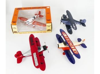 4 Diecast Airplanes - 1929 Travel Air Bank (In Box), Lionel, Navy, Case In