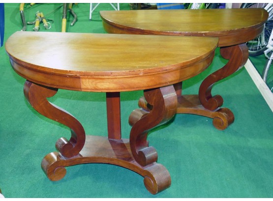 Two Wood Half Round Mahogany Console Tables