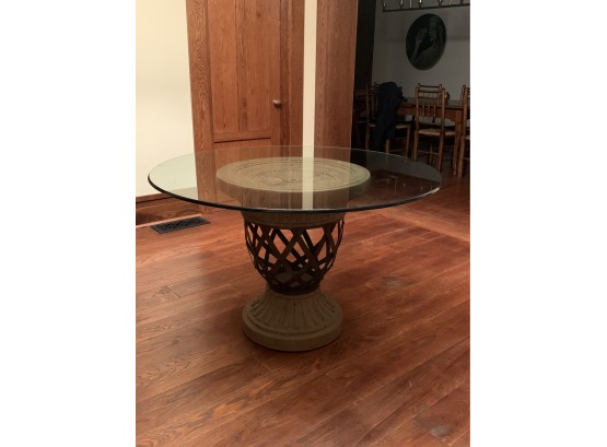 Drexel Heritage Stone And Silver Leaf Iron Pedestal Dining Table With Glass Top
