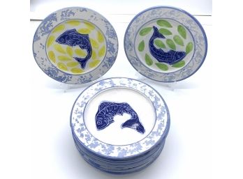 Set Of 10 - De La Cal Barreira Puente Ceramic Koi Fish Plates