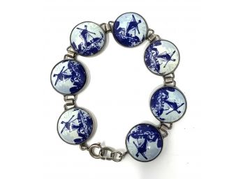 Antique Delft  Sterling Silver & Porcelain Bracelet 7'