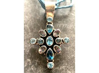 Extraordinary Blue Stone And Silver Cross Necklace