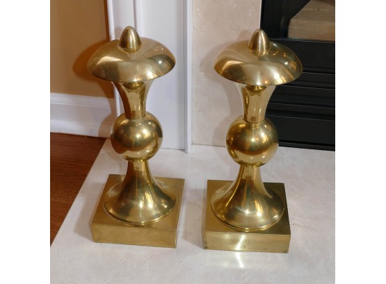 Unique Pair Of 1950's Edwin Jackson Chess Pawn Brass Fireplace Sculptures - The Queen's Gambit