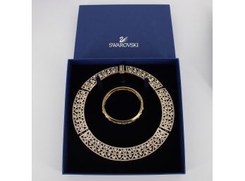 Swarovski Crystal Gold Tone Choker Necklace & Bangle Set In Box