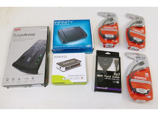 Unused Computer Accessory Lot - Surge Protector, HDMI Switch, Foot Control, Etc
