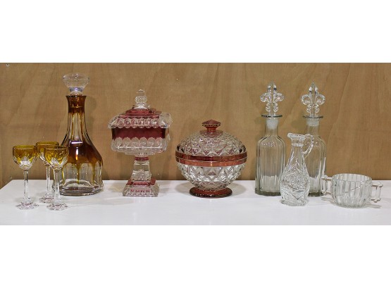 Vintage Glass Lot - Decanters, Westmoreland Candy Dish, Nachtmann Cordial Glasses