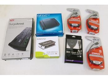Unused Computer Accessory Lot - Surge Protector, HDMI Switch, Foot Control, Etc