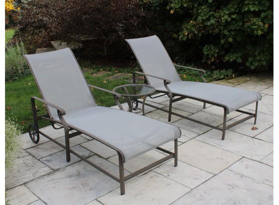 Pair Of Brown Jordan Aegean Sling Outdoor Chaise Loungers And Glass Top Table
