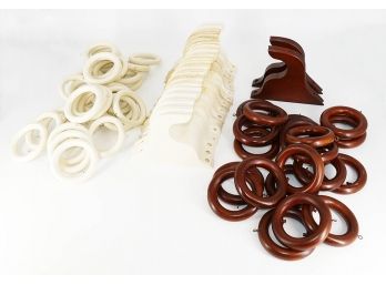 Large Lot Of Wooden Drapery Curtain Rings & Brackets - In Off White & Mahogany Colors