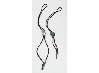 2 Different Leather With Turquoise Inlay Bolo Ties