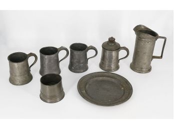 18th & 19th C. Pewter Lot - 4 Tankards, Mug, Plate, & Pitcher