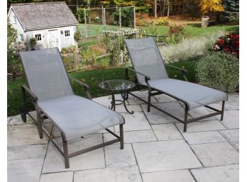 Pair Of Brown Jordan Aegean Sling Outdoor Chaise Loungers And Glass Top Table