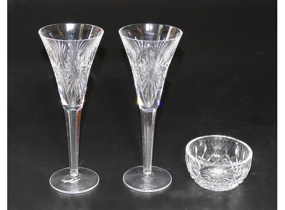 Pair Of Waterford Crystal Champagne Flutes & Small Bowl