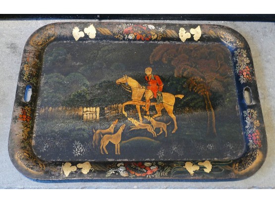 Antique Hand Painted Tole Tray - Hunting Theme