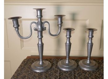 Set Of 3 Dickerson Browne Pewter Candlesticks With One Candelabra Attachment