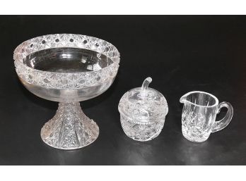 Crystal Lot - Footed Compote, Apple Design Bowl, Creamer