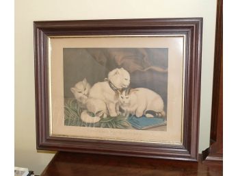 C. 1870's Currier & Ives Lithograph Print 'The Three White Kittens'