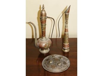 Pair Of Indian/Middle Easter Brass Etched Aftabas Pitchers & Small Islamic Shield